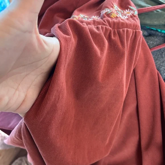 Vintage Rust Long Sleeve Maxi Dress Floral Embroidery Corduroy Lace Womens Large - Picture 9 of 10